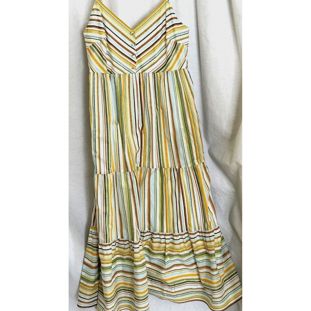 LAUREN CONRAD Multi-Colored STRIPE Tiered Midi Sundress Pocket 100%Cotton MEDIUM